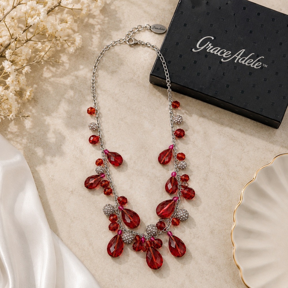 NWOT Grace Adele Red Beaded Necklace Silver Tone‎ Teardrop Pave Crystal